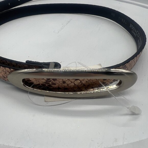 RW & Co. Snakeskin Pattern Bonded Leather Belt Silver Oval Buckle Brown NEW NWT - Picture 2 of 7